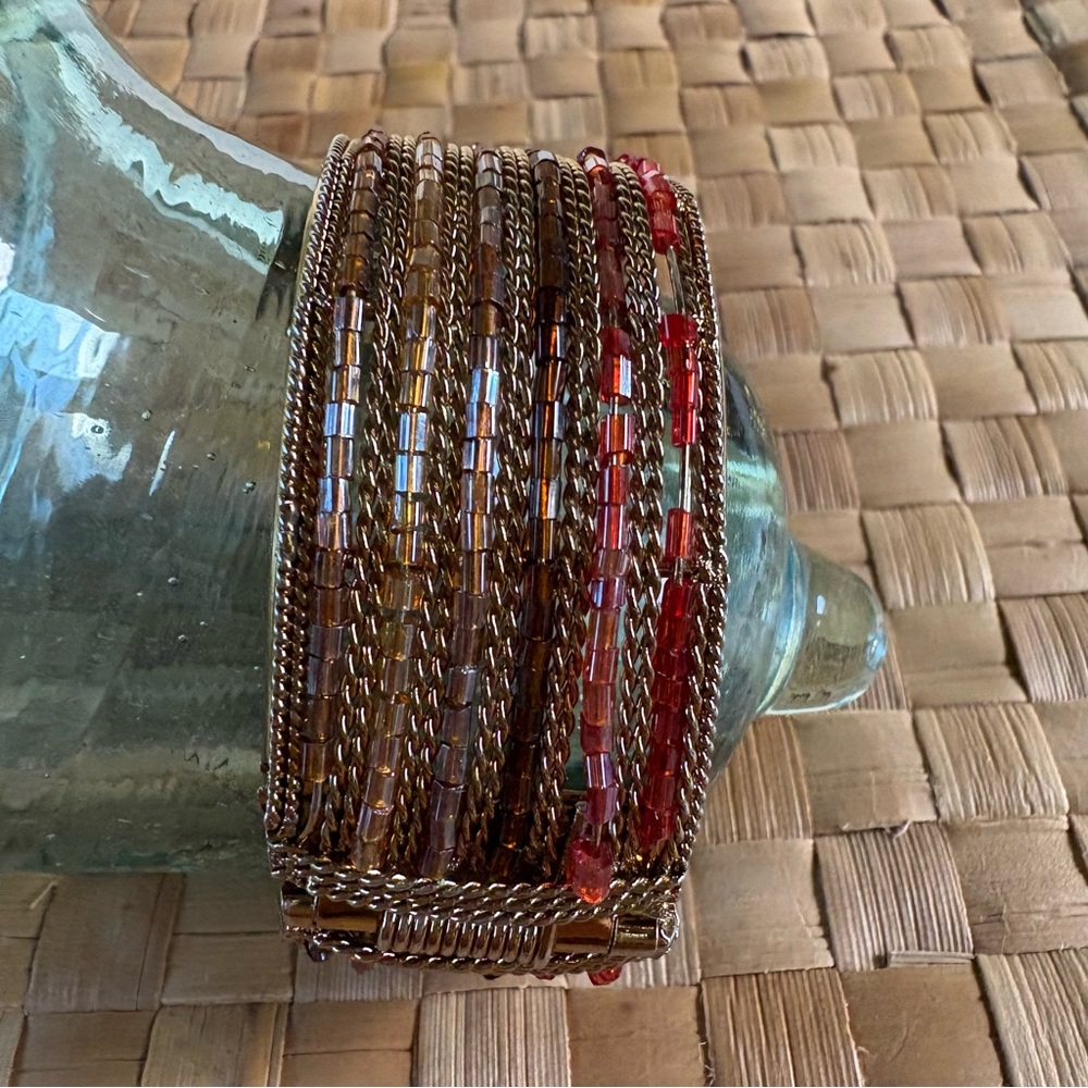 Gold and Red Beaded Cuff Bracelet